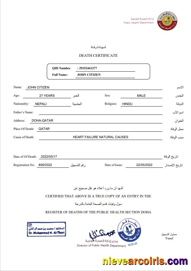 Qatar death certificate